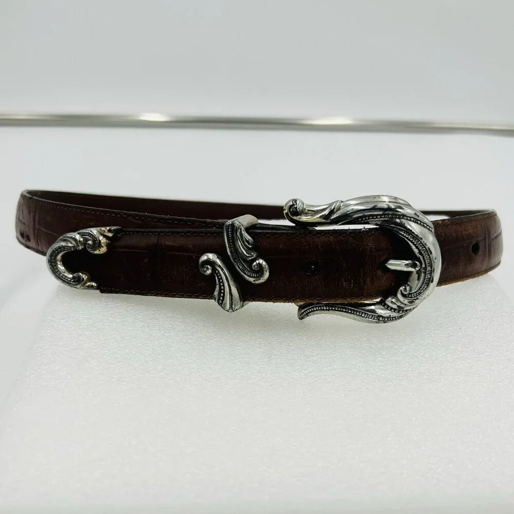 Brighton Allegro Swirl Faux Croc Embossed Brown Leather Belt Silver Buckle Sz M